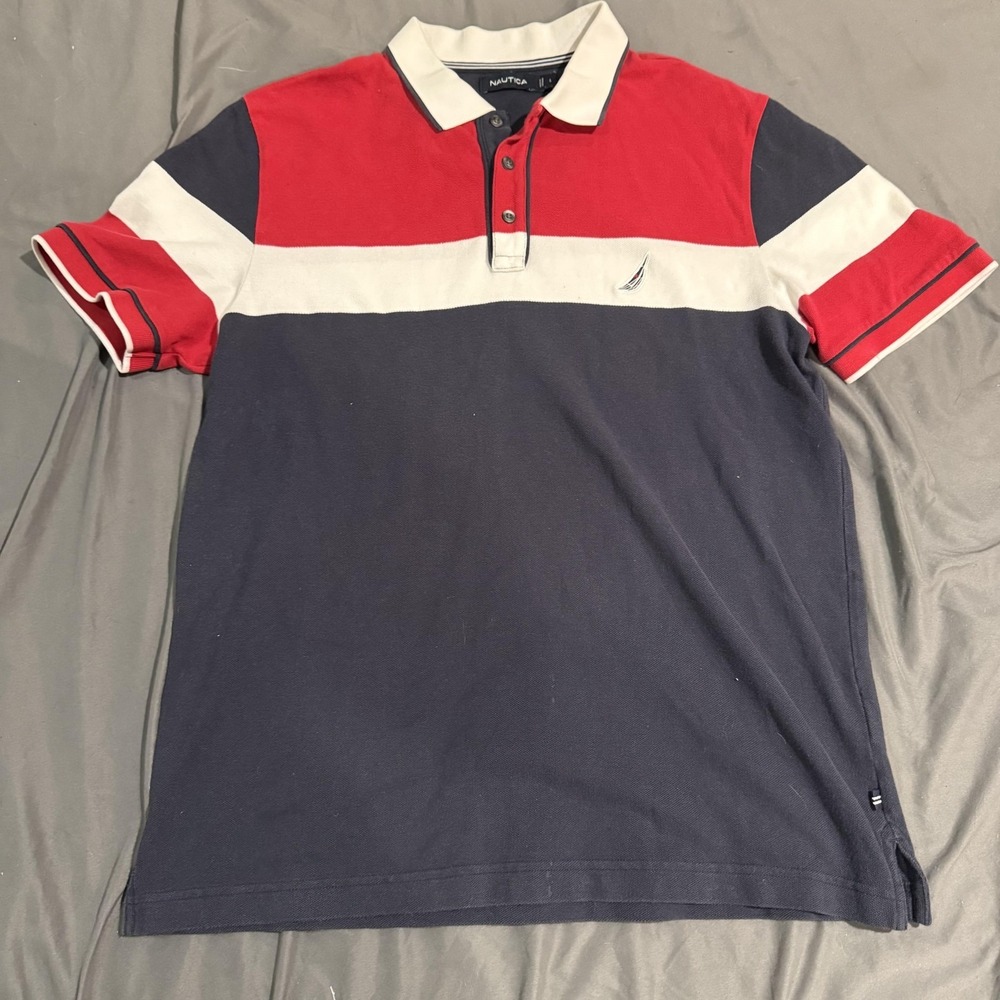 Nautica Polo Shirt Mens L Red White Navy Striped Short Sleeve Casual Knit Logo